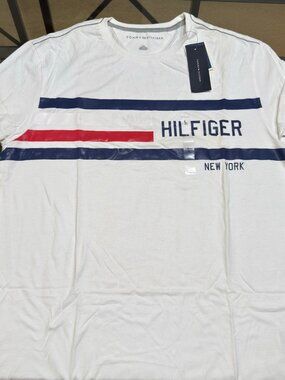 $30 TH TOMMY HILFIGER MENS L WHITE CHEST ARM LOGO COTTON CREW NECK SHIRT NWT